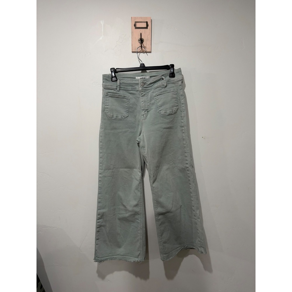 Mica Los Angeles Sage Green Wide Leg Cropped Raw Hem Pants 27